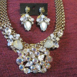 Original design choker necklace & matching earrings clear & AB rhinestones vintg